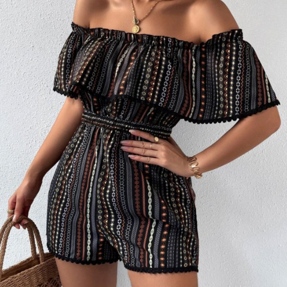 Off Shoulder Ruffle Trim Shirred Waist Romper